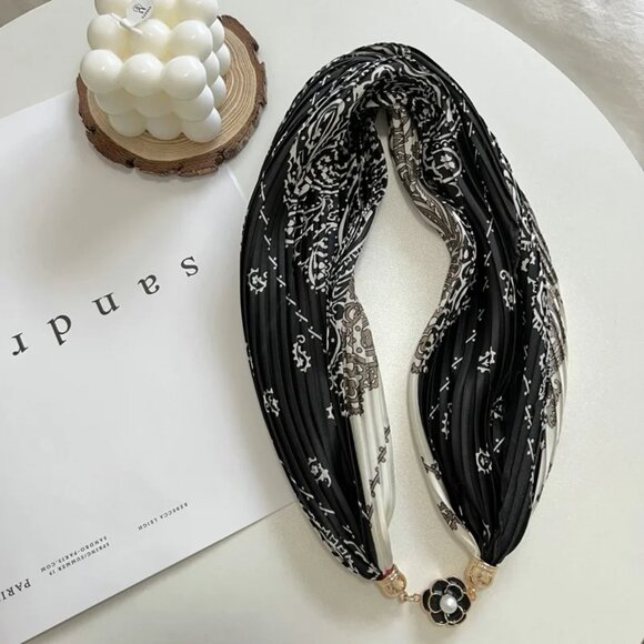2/$30 Magnetic Clasp Black & White Paisley Pleated Silky Scarf Flower Headband - Picture 1 of 7